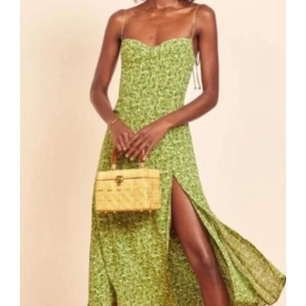 Reformation Green Floral Midi Dress Sweetheart Neckline Slit Size 6